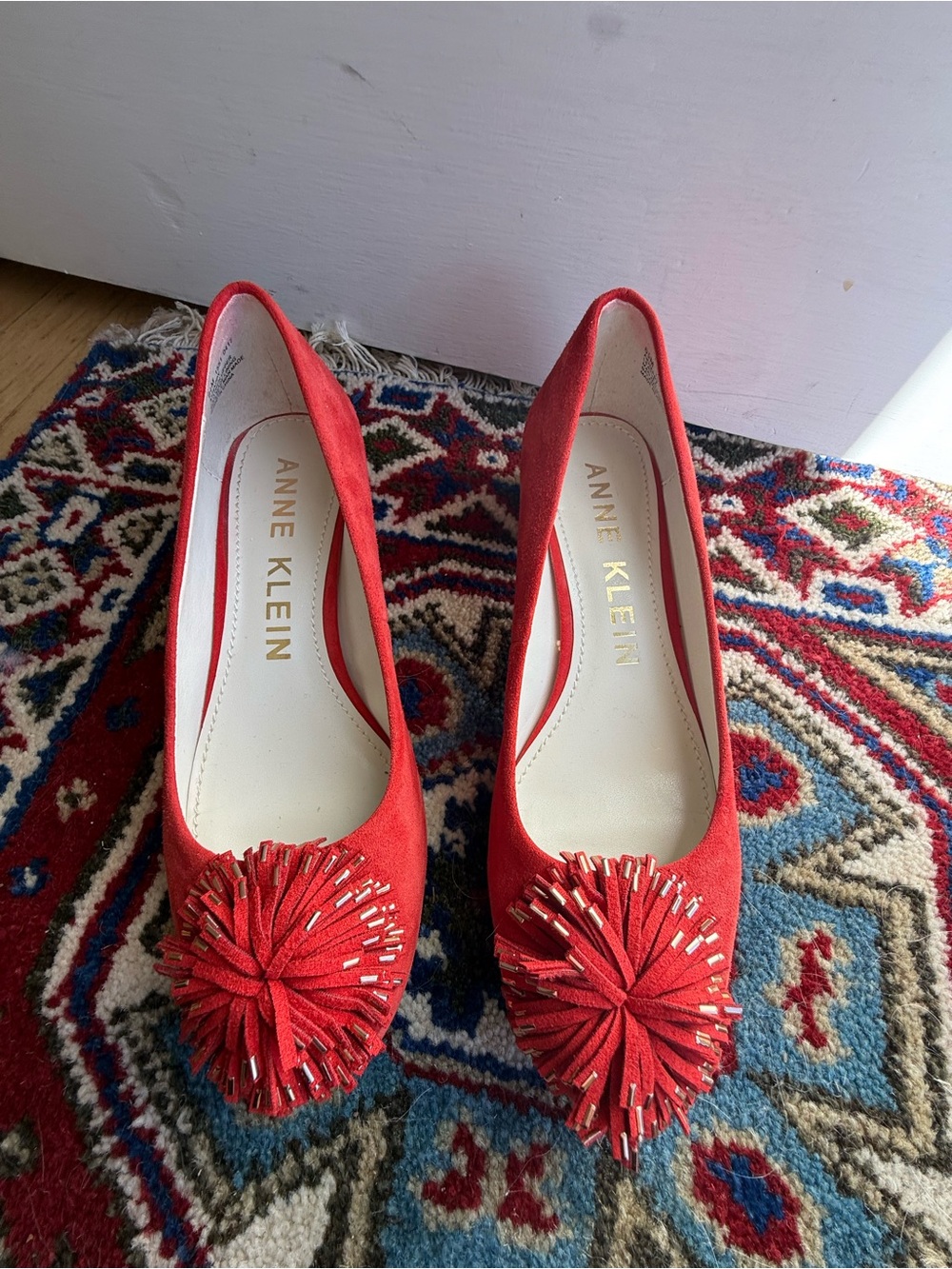 Anne Klein Red Suede Pom-Pom Ballet Shoes